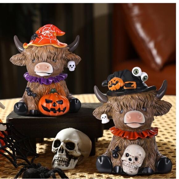 💎2 Pcs Highland Cow Figurines Halloween Pumpkin Skull Spider Highland Cow - Picture 1 of 4